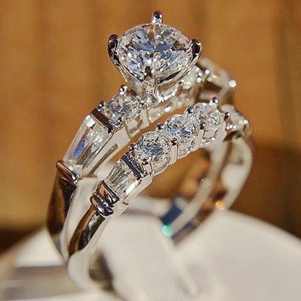 18k White Gold Diamond Engagement Wedding Anniversary 2PC Ring Set